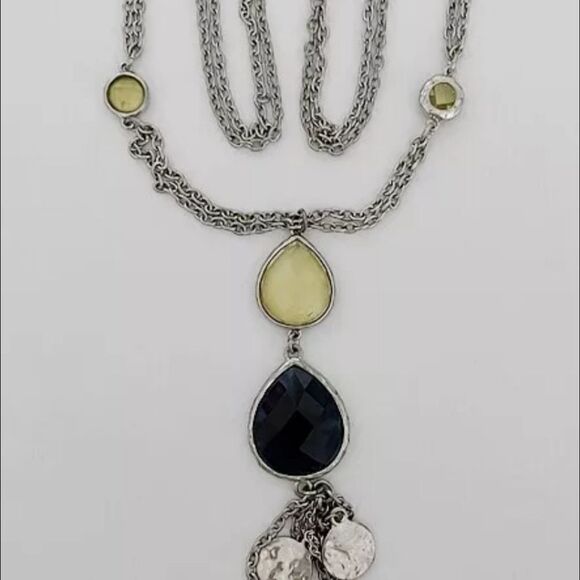 CHICO'S SILVERTONE NAVY YELLOW RESIN 28"- 31" NECKLACE NWOT - Picture 2 of 3